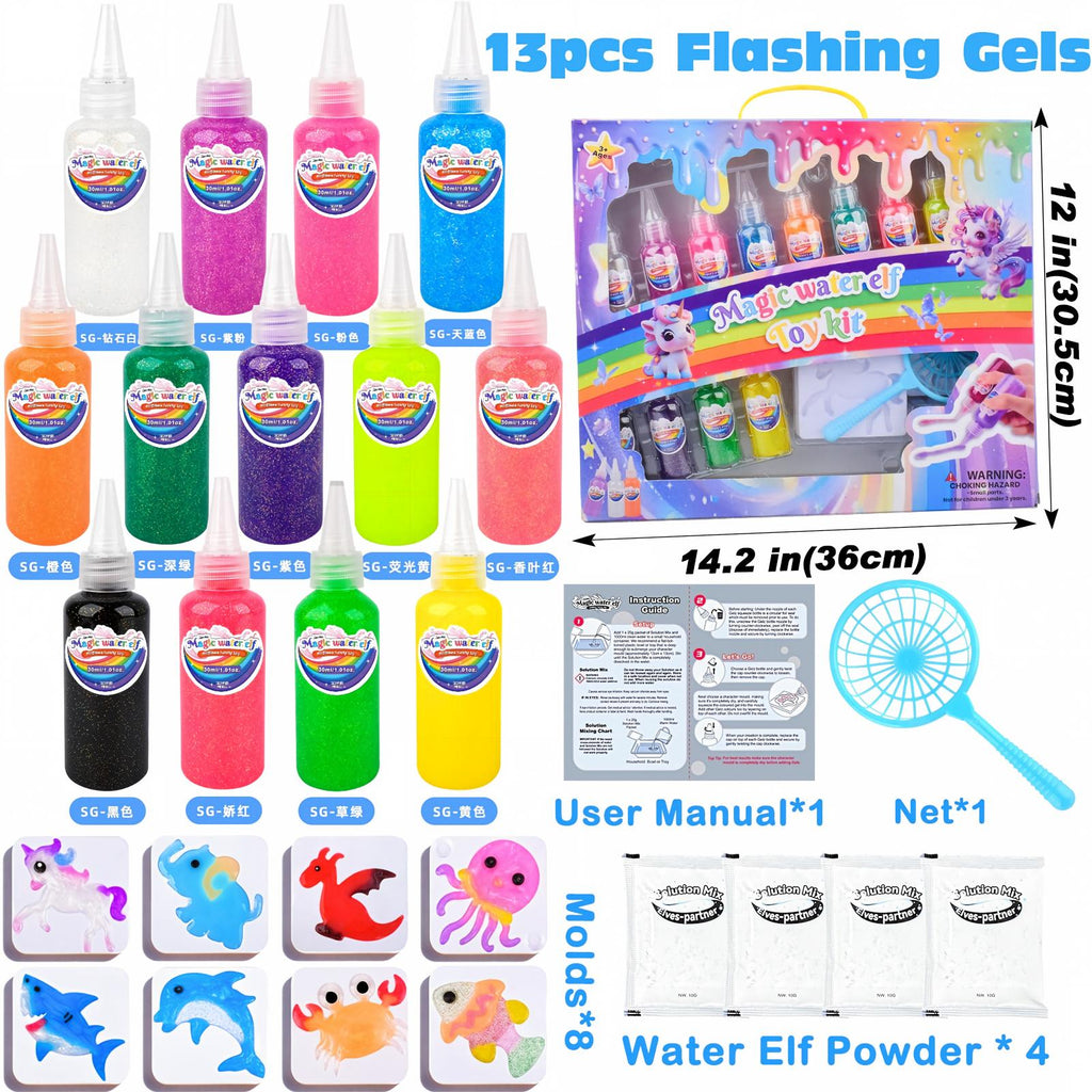 YARUN Magic Water Elf Kit – Squishy for Kids, 13 Gels & 8 Molds