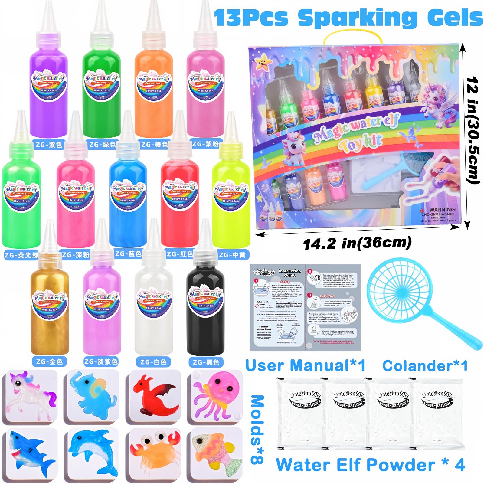 YARUN Magic Water Elf Kit – Pearlescent Squishy for Kids, 13 Gels & 8 Molds
