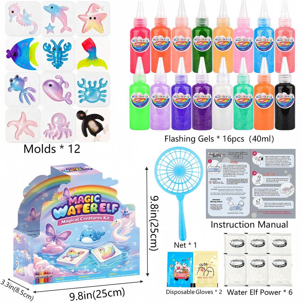 YARUN Magic Water Elf Kit – Squishy for Kids, 16 Gels & 12 Molds