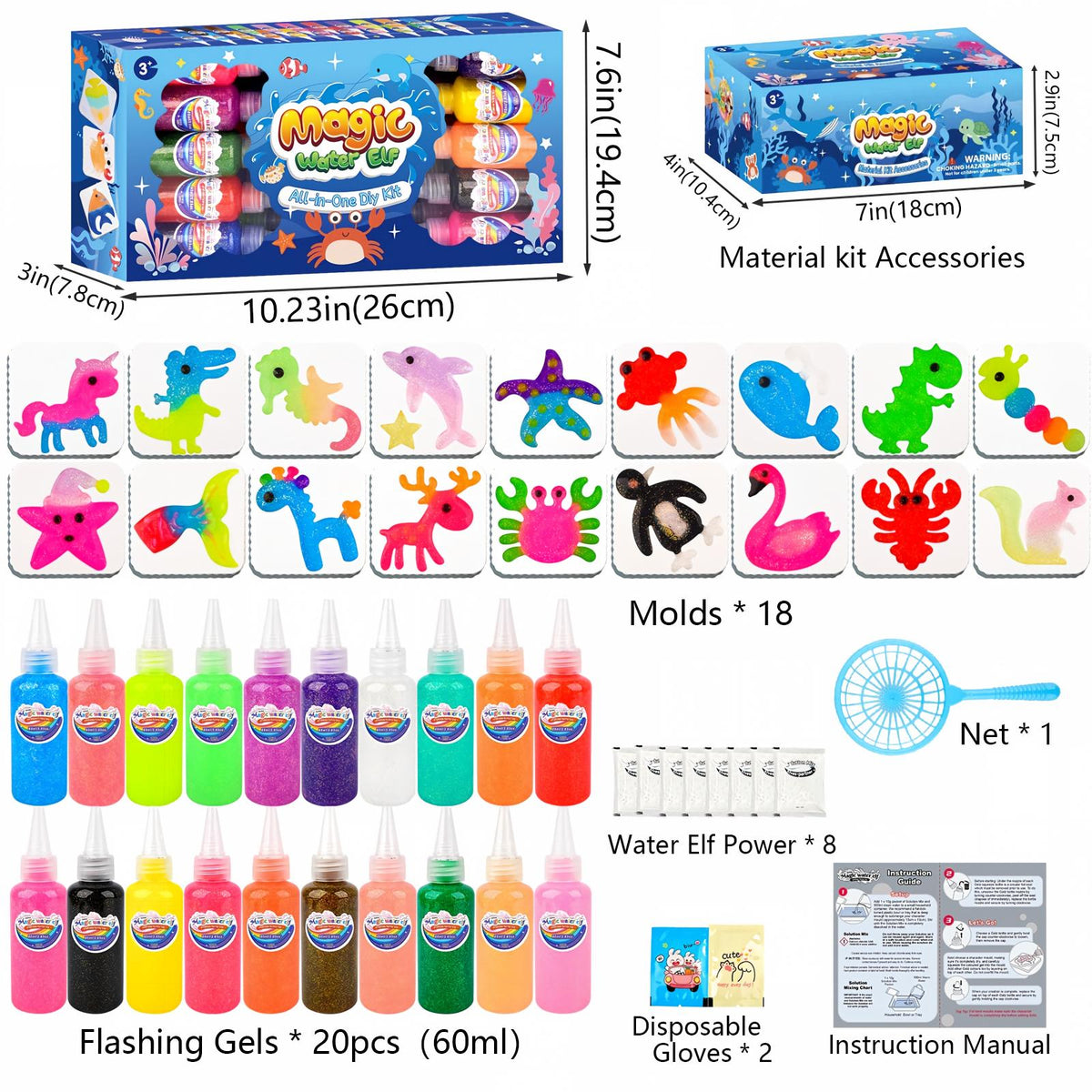 YARUN Magic Water Elf Kit – DIY Squishy for Kids, 20 Gels & 18 Molds