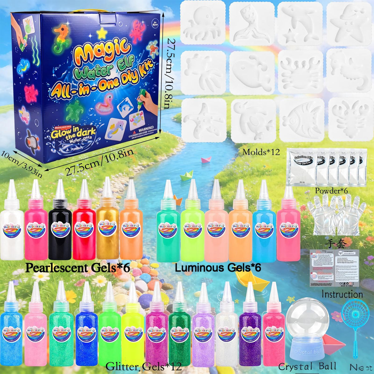 YARUN Magic Water Elf Kit – Squishy for Kids, 24 Gels & 12 Molds