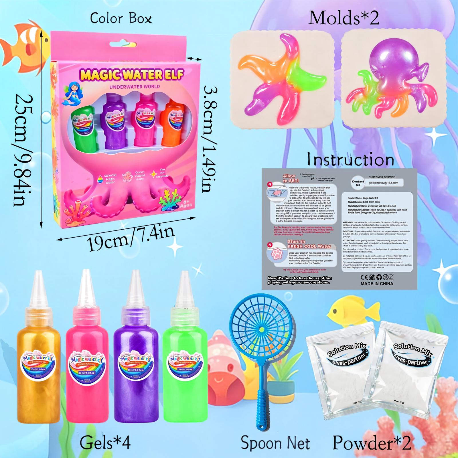 YARUN Magic Water Elf Toy Kit – Squishies for Kids, 4 Gels & 2 Molds