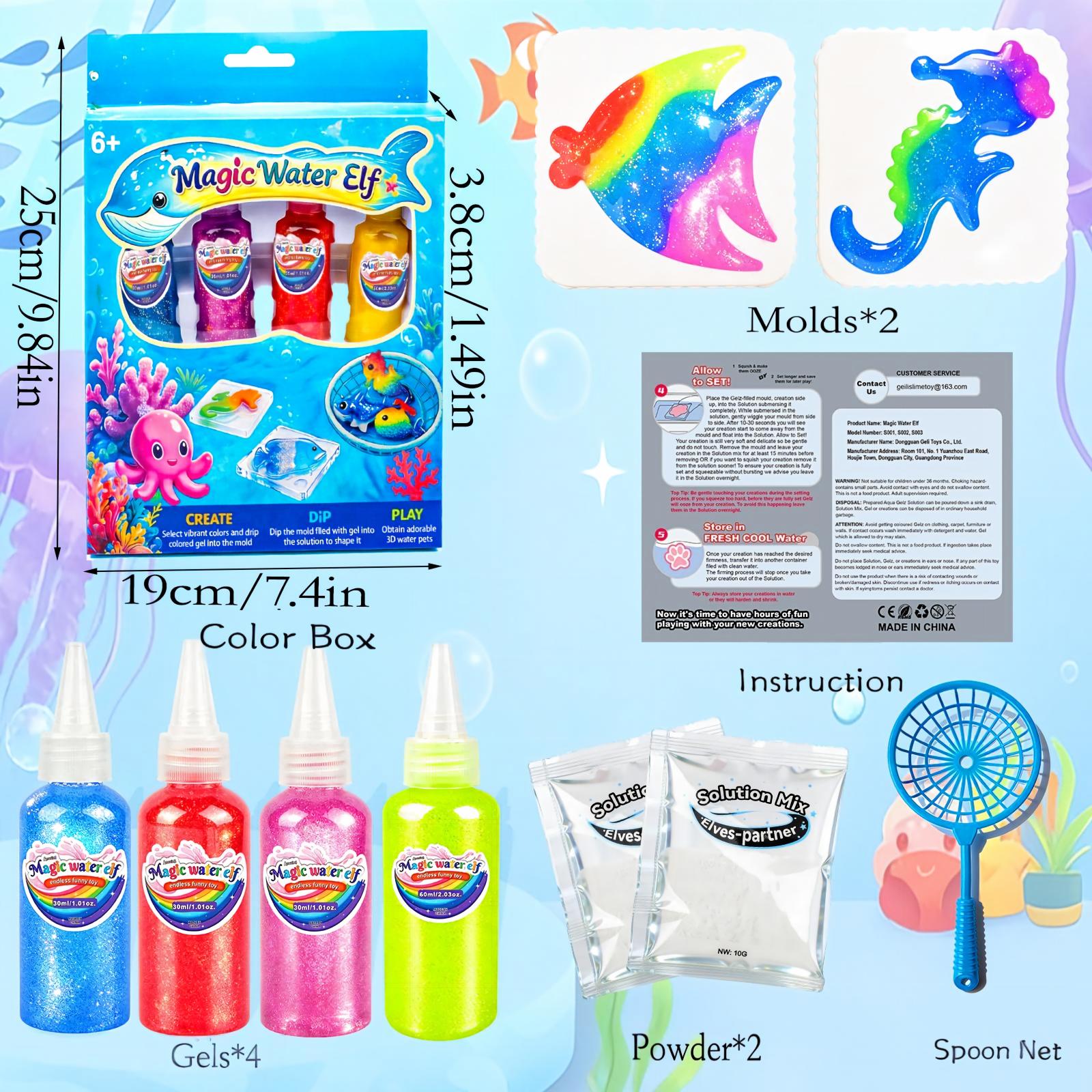 YARUN Magic Water Elf Toy Kit – Summer Gifts for Kids, 4 Gels & 2 Molds